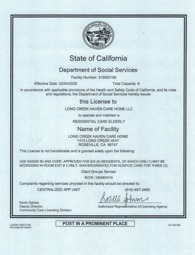 License of Long Creek Haven Care Home